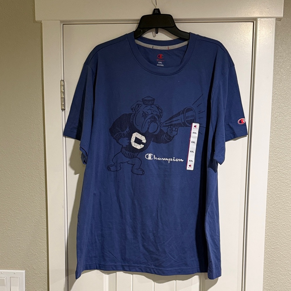 Champion Blue Short-Sleeve Graphic Tee with Bulldog Motif